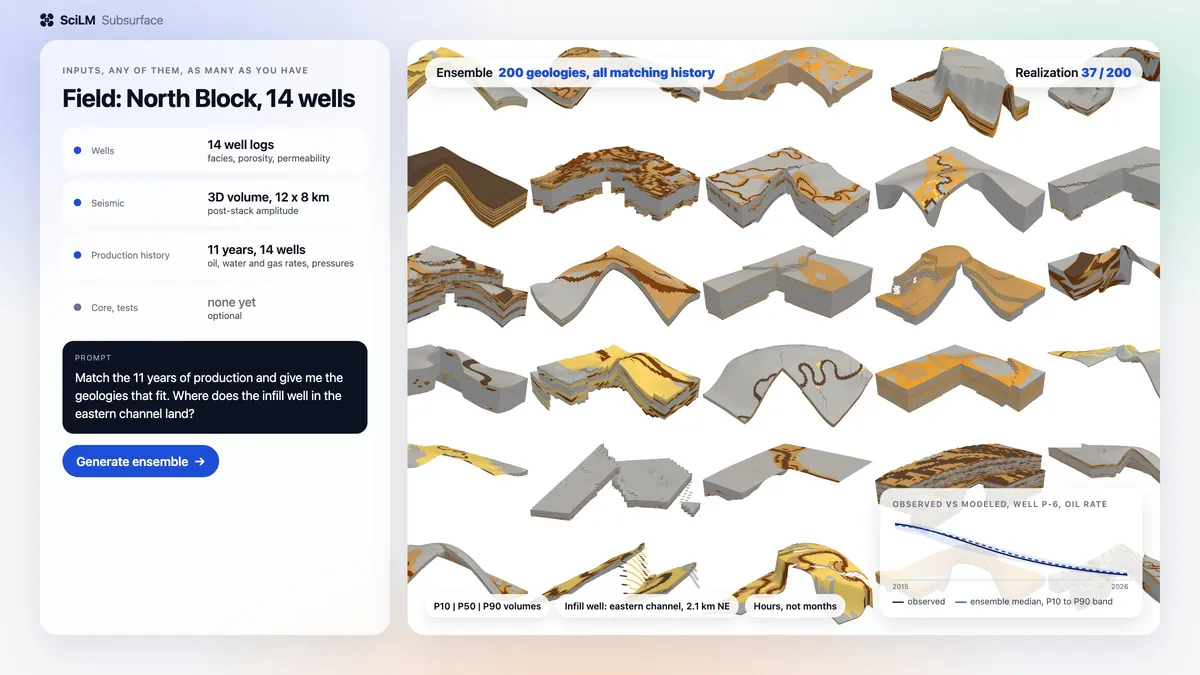 SciLM Subsurface: wells, seismic and production history in, an ensemble of geologies out